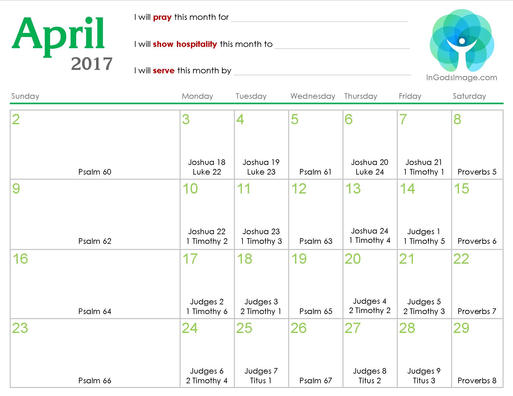 April 2017 Daily Bible Reading Calendar In God's Image