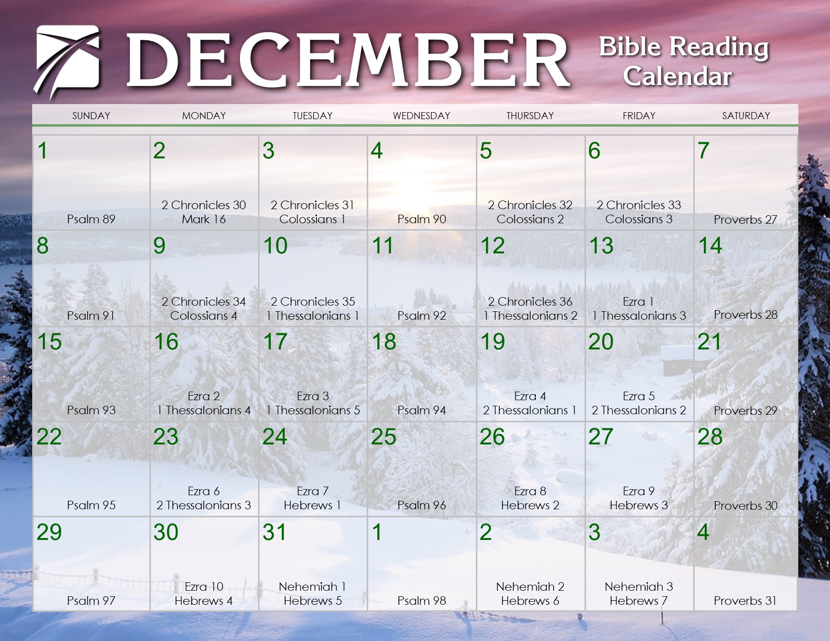 December 2019 Daily Bible Reading Calendar In God's Image